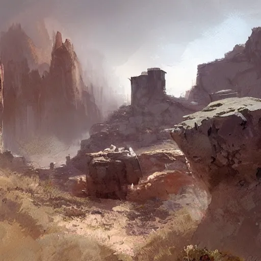 Image similar to concept art by craig mullins : an italian landscape, in the distance a small mesa of white marble can be seen. a stone henge is standig atop of the cliff