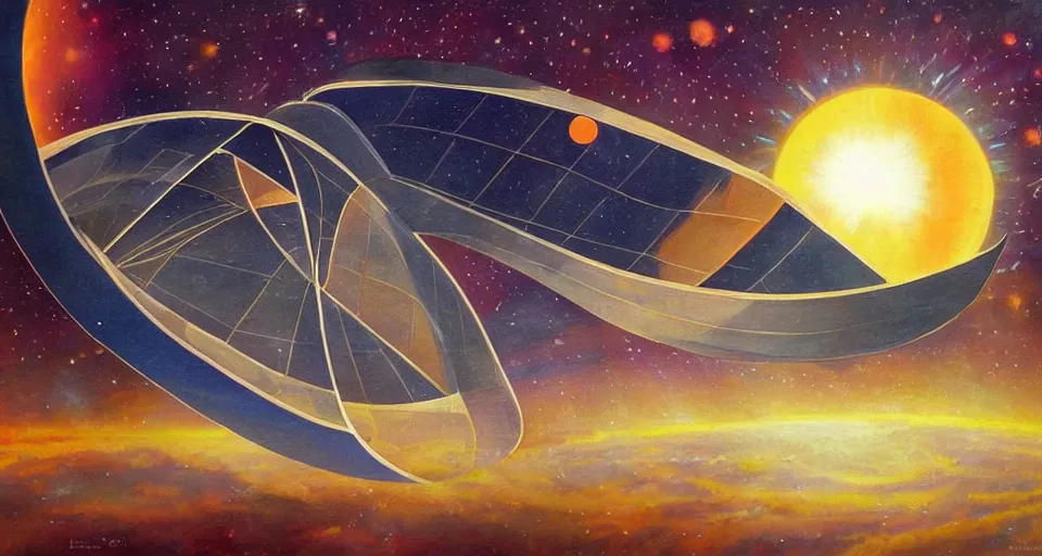 Image similar to giant solar sail, floating in space blocking the sun, art deco painting