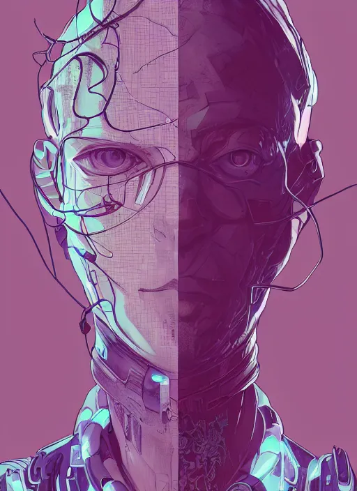 Prompt: portrait, cyberpunk hero, floating detailes, very detailed face, leaves by miyazaki, violet and pink and white palette, illustration, kenneth blom, mental alchemy, james jean, pablo amaringo, naudline pierre, contemporary art, hyper detailed