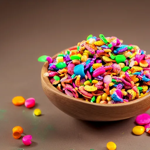 Prompt: a bowl of colorfull cereal falling off a table, studio lighting, food photography