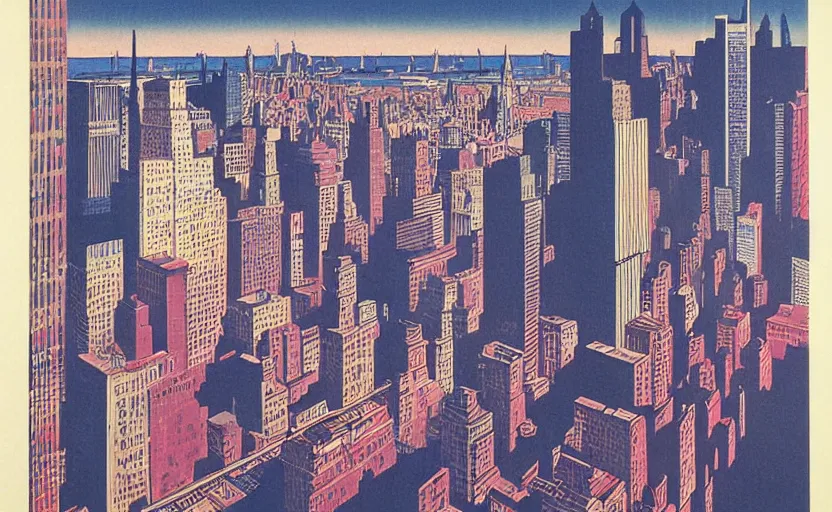 Image similar to vaporwave art deco lithograph of new york city by adolphe millot