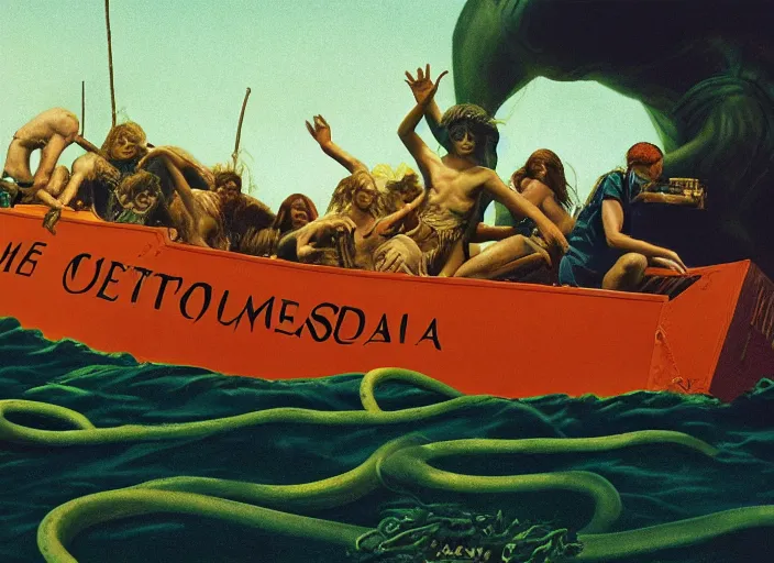 Image similar to photo of the raft of the medusa, by annie leibovitz by roger corman by richard corben by william eggleston, fujifilm velvia 5 0. masterpiece, intricate, hyper realism, high detail, octane render, unreal engine, 8 k