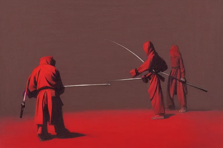 Image similar to only with red, a red samurai harakiri, tokio, a lot of frogs watch, in the style of beksinski, parts by edward hopper, parts by rodcenko, parts by yue minjun, intricate and epic composition, red by caravaggio, insanely quality, highly detailed, masterpiece, red light, artstation, 4 k