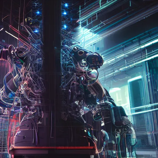 Prompt: a beautiful portrait of a middle - aged bionic male cyborg, cyberpunk, intricate wiring, electronic components, volumetric light, photography, color, intricate, extremely detailed, photorealistic, stunning, unreal engine 5