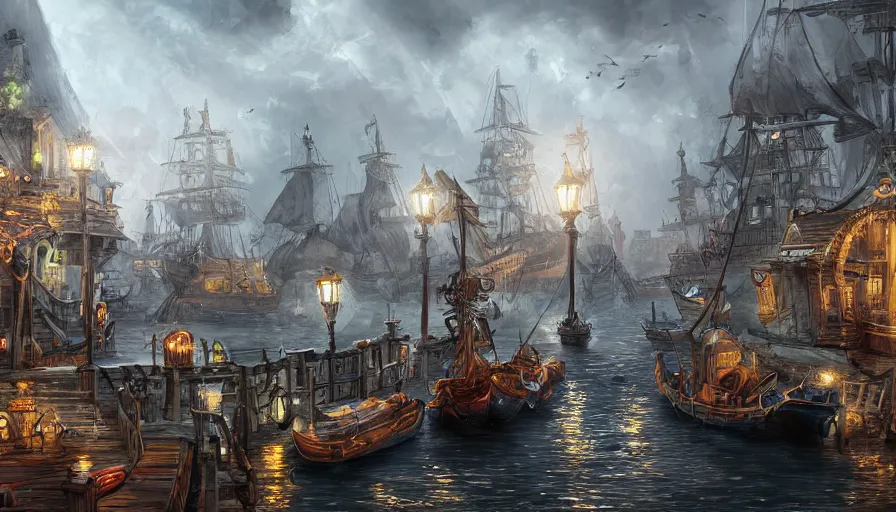 pirate port city with many canals, digital art, night, Stable Diffusion