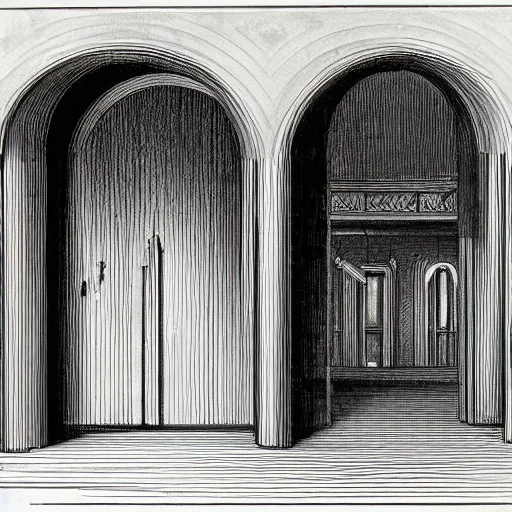 Image similar to the sketch of an opera scenoraphy designed of curved stairs and doors and windows frames by frazzeta.