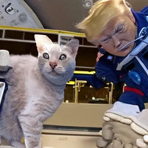 Image similar to cat astronaut gives a handshake to donald trump