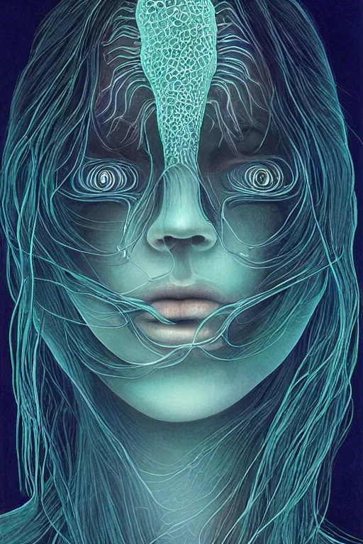 Image similar to dark underwater portrait of a Bioluminescent woman, with reaction diffusion semi-transparent skin. face closeup. long intricate dark hair, with jellyfish. very high detail, illustration, by alex grey and Ilya Kuvshinov