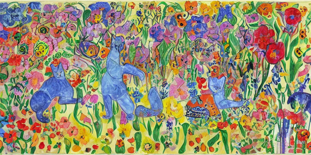 Image similar to cat playing in a garden of flowers, a mix media painting by laurel burch and Leonardo da Vinci and Natalia Goncharova, cluttered , child's drawing