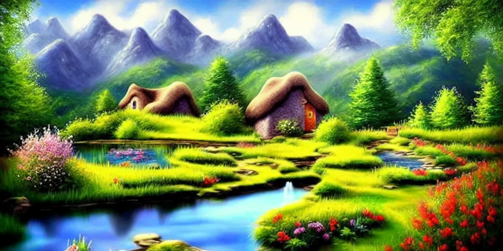 Image similar to a beautiful fantasy landscape, mountain in background, little cottage, small pond, some trees in the corner. hyper realism