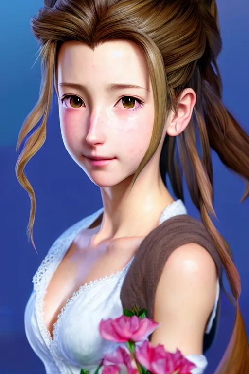 Image similar to subject : detailed full body portrait illustration of aerith gainsborough perfect face, medium : oil on canvas, style : realistic pose study portrait, maximalist, accurate, full color chiaroscuro artist : tetsuya nomura, 4 k, focus : full body and head