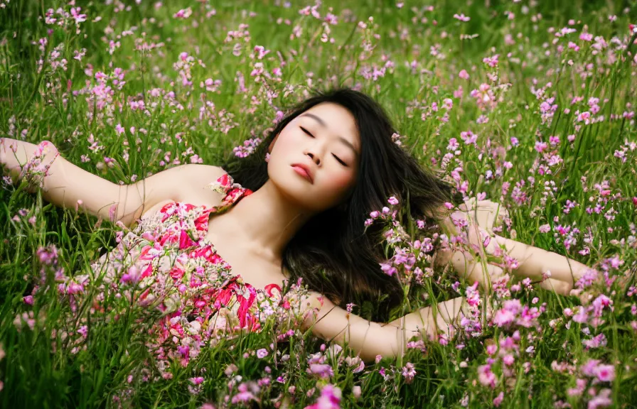 Image similar to a beautiful young Asian woman lying in a field of wildflowers, wearing a sun dress, portrait, dreamy, cinematic, depth of field, glow