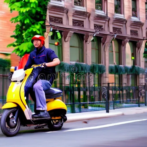 Image similar to drawn cartoon of a delivery driver on moped delivering packages on a long windy city street, bright color, bubbly, digital cartoon syle image, no blur, white background