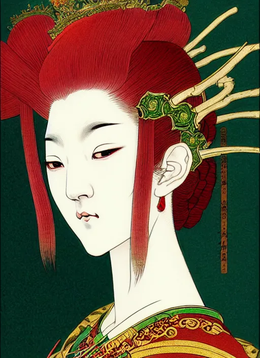 Image similar to a beautiful ukiyo - e portrait of a beautiful elven queen with long red hair, wearing green, red and gold ornate dress, golden intricate crown. detailed symmetrical close up portrait, intricate complexity, concept art, by takato yamamoto, wlop, krenz cushart. cinematic dramatic atmosphere, sharp focus