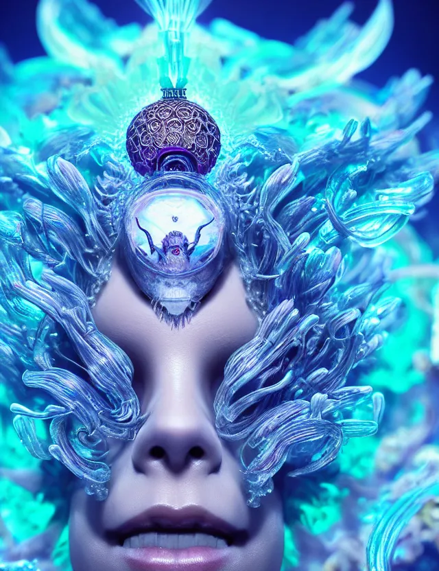 Image similar to goddess macro close - up portrait in crown made of ram skull. betta fish, jellyfish phoenix, bioluminiscent, plasma, ice, water, wind, creature, super intricate ornaments artwork by tooth wu and wlop and beeple and greg rutkowski