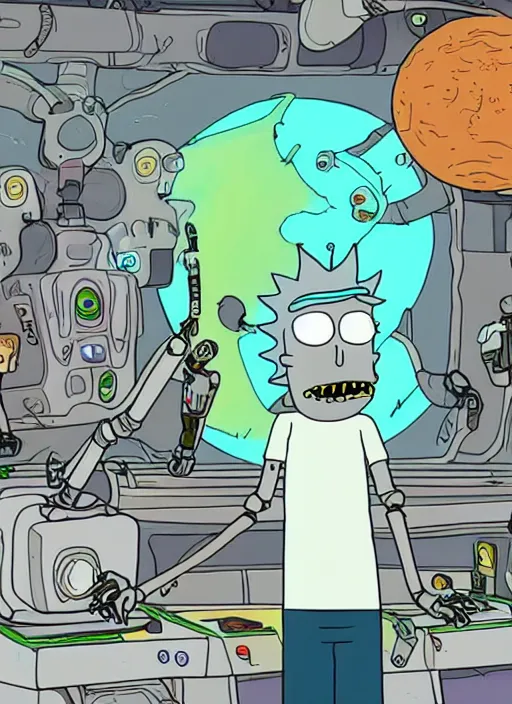 Image similar to a robot trying to draw a human hand, rick and morty art style illustration, justin roiland, dan harmon, location is a science fiction planet