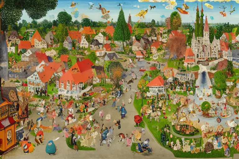 Image similar to an elaborate and dense painting of a peaceful neighborhood, detailed, made of alcohol ink on parchment and penned illustrations, by richard scarry and ( ( ( ( ( hieronymus bosch ) ) ) ) ) and geoff darrow!!!!!