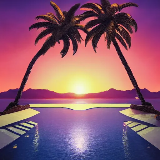 Image similar to Beeple masterpiece, sunset, hyperrealistic surrealism, award winning masterpiece with incredible details, epic stunning, infinity pool, a surreal liminal space, highly detailed, trending on ArtStation, calming, meditative, pink arches, palm trees, surreal, sharp details, dreamscape, giant gold head statue ruins, crystal clear water, sunrise