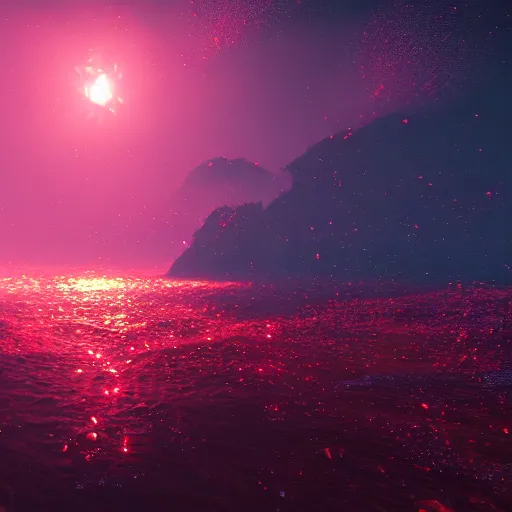 Prompt: red crystals glowing in the sea at night, unreal engine 5, octane rendering, cinematic ray tracing, artstation award winner, top reddit post