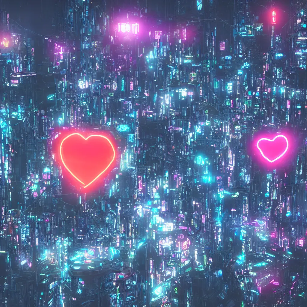 Image similar to a glowing neon heart suspended above a futuristic cyberpunk city 4k ultra detailed