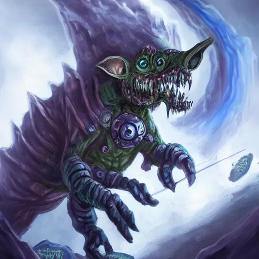 Image similar to a highly detailed goblin with grey skin and blue eyes that glow, like magic the gathering, goblin chainwalker, caught in a tornado, digital art, by christopher rush