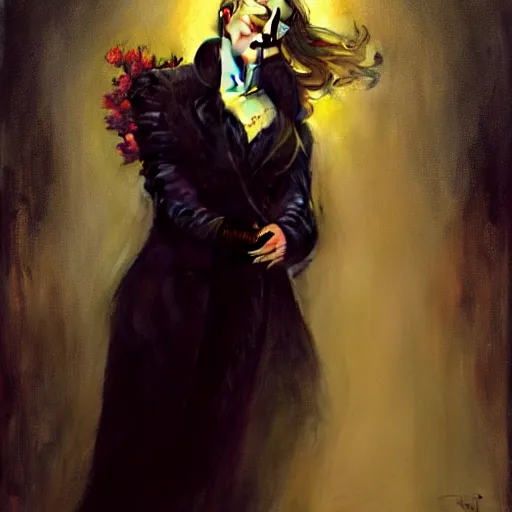 Image similar to hyperrealistic portrait of a woman as amber heard as a vampire witch grin in a black coat closing a window over the shoulder shot among falling petals. by jeremy mann and alphonse mucha, fantasy art, photo realistic, dynamic lighting, artstation, poster, volumetric lighting, very detailed faces, 4 k, award winning