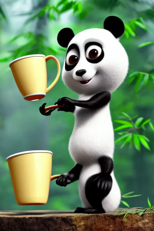 Prompt: a cute panda with big eyes looking at a cup of coffee in the forest. Pixar Disney 4K 3d render funny animation movie Oscar winning trending on ArtStation and Behance. Ratatouille style.