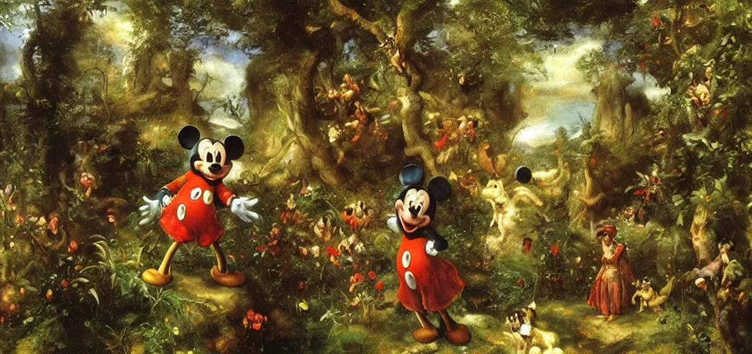 Prompt: mickey mouse entering the garden of eden, detailed oil painting by jan matejko