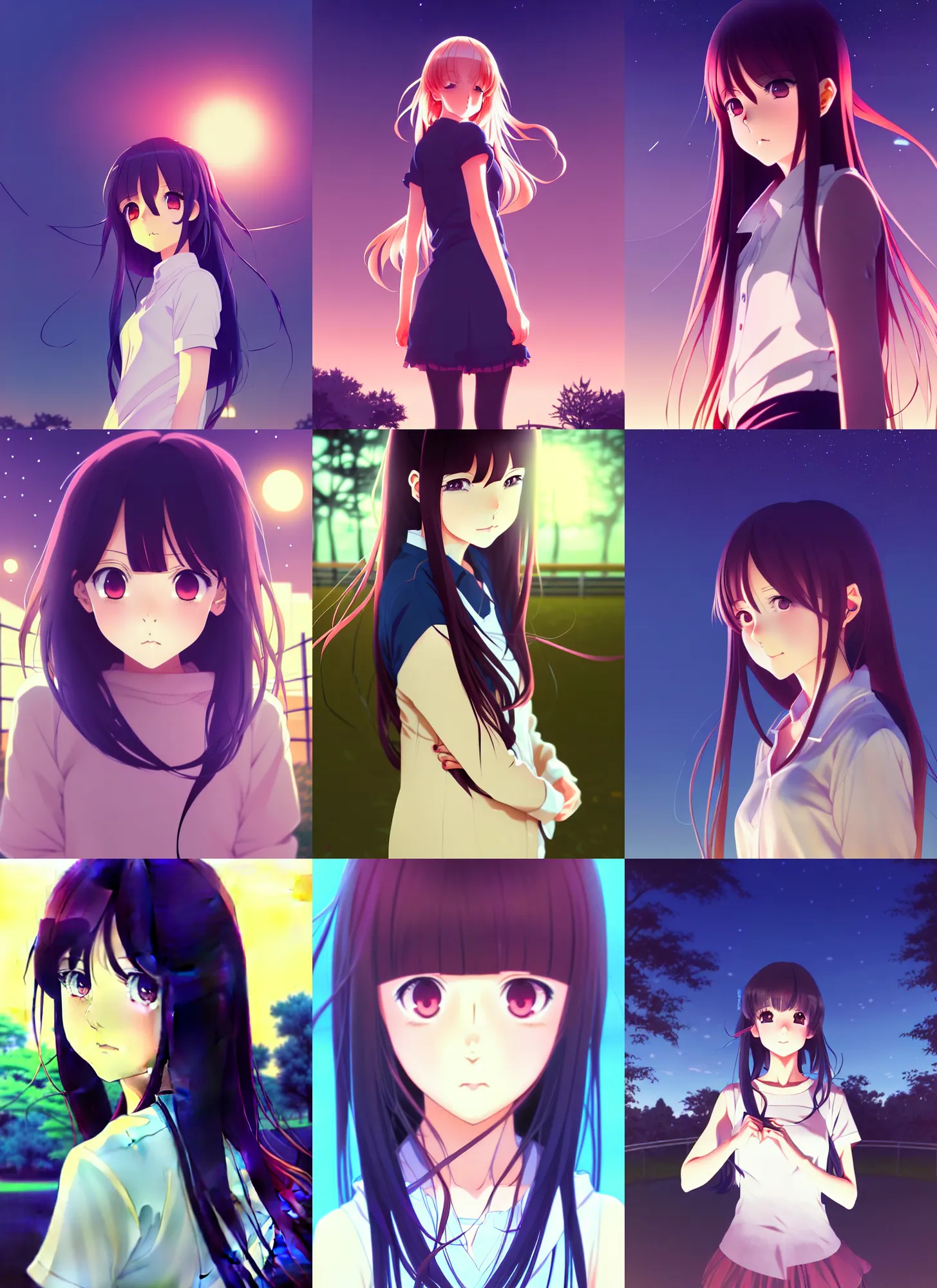 Prompt: anime visual, portrait of a young female at the park at night long hair, low light, cute face by ilya kuvshinov, yoh yoshinari, makoto shinkai, dynamic pose, dynamic perspective, cel shaded, flat shading mucha, rounded eyes, no gradation