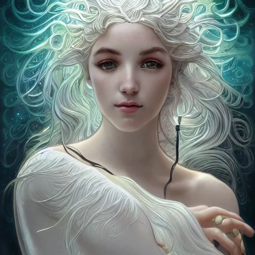 Image similar to a photograpic portrait of a anthropomorphic bioluminescent water wave wearing white clothes, fantasy, intricate, elegant, highly detailed, digital painting, artstation, concept art, smooth, sharp focus, illustration, art by artgerm and h r giger and alphonse mucha