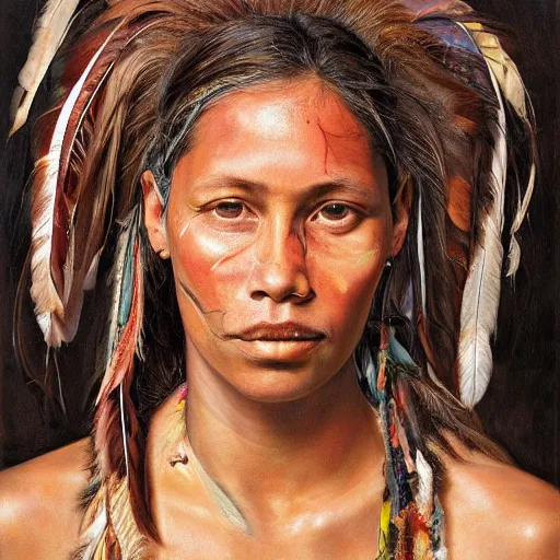 Image similar to high quality high detail painting by jenny saville, hd, a skinny beautiful indigenous woman tribe leader, hair in wind, many pretty feathers, photorealistic lighting