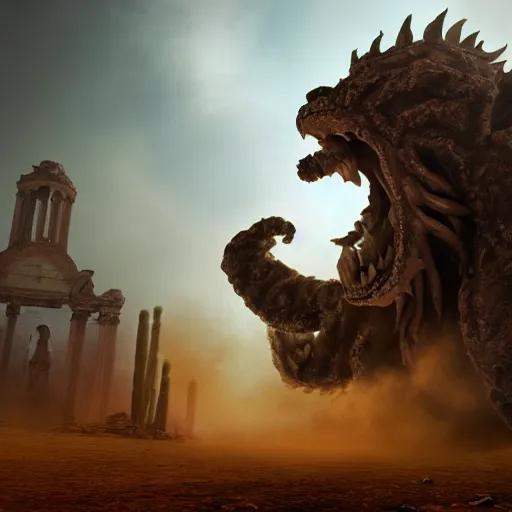 Image similar to Giant smoke monster with large teeth coming out of the ground, thick swirling smoke, mist, air particles, sandstorm, dramatic lighting, Byzantine ruins, surrounded by priests, worshipers, desert, cinematic, trending on artstation