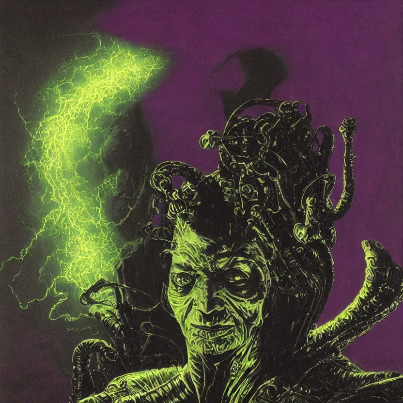 Prompt: a close - up view portrait of a silhouetted supernatural wizard in baroque neoclassicist halls with metallic alien technology. close - up view, detailed textures. glowing green and purple fog, dark black background. highly detailed fantasy science fiction painting by moebius, norman rockwell, frank frazetta, and syd mead. rich colors, high contrast