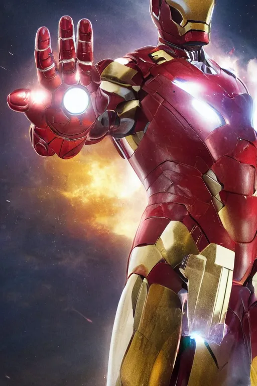 Image similar to iron man with the infinity gauntlet connected into the suit, cinematic, volumetric lighting, f 8 aperture, cinematic eastman 5 3 8 4 film, photorealistic