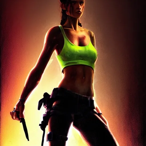 Image similar to Alicia Vikander as Lara Croft (tomb raider, 1996), full body portrait by Karol Bak, Syd Mead and Raphael Lacoste, rich colors, neon digital art