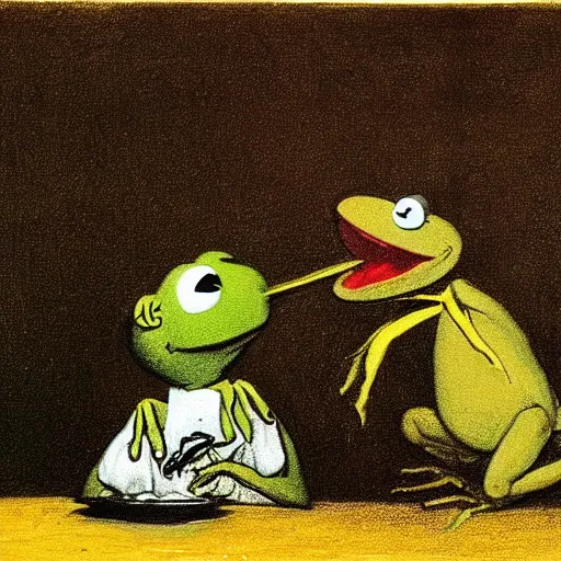 Image similar to “Kermit the Frog Devouring His Son” by Francisco Goya