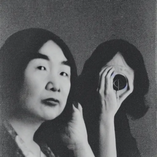Prompt: two people, explanation of astronomy, style of tadanori yokoo, greyscale soft focus photo