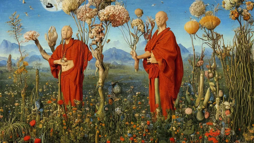 Prompt: a fish eye lense photograph of a meditating druid shaman surrounded by towering bulbous flowers. wide landscape with mountains, river delta. clear blue sky with stars and birds. painted by jan van eyck, max ernst, ernst haeckel and ernst fuchs. trending on artstation, 8 k, award winning, fashion editorial, mythology, photorealistic, cacti everywhere