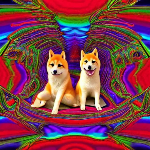 Prompt: two shiba inu in the psychedelic baroque dmt fourth dimensional tunnel