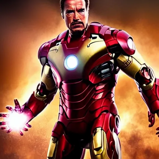 Image similar to arnold schwarzenegger as iron man, cinematic lighting, photorealistic