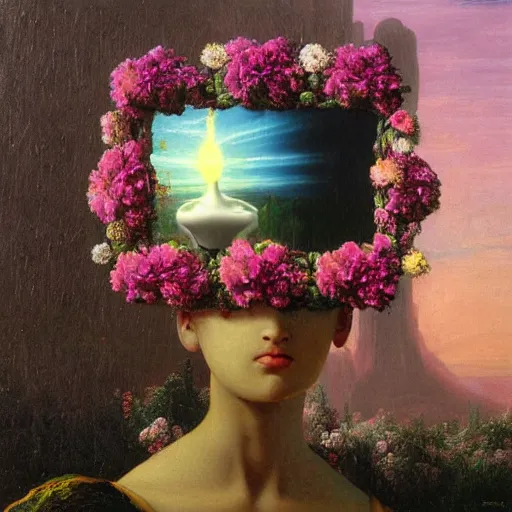 Image similar to a highly detailed painting by Thomas Cole of a vaporwave alternative reality mirror, robot head with flowers growing out, highly detailed 3d rendering from 1996