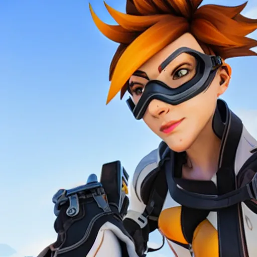 Prompt: tracer from overwatch wearing googles smartphone selfie