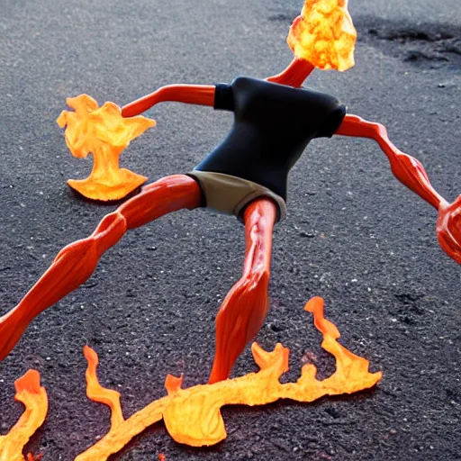 Image similar to stretch Armstrong starting to melt on hot coals