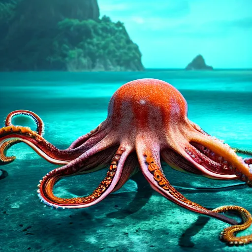 Image similar to A octopus in the ocean centered-photograph film still, matte photo, National Geographic, insane detail, intricate, highly detailed, Zeiss Lens, DSLR photography, smooth, sharp focus, Unreal Engine 5, Octane Render, Redshift, depth of field 8K