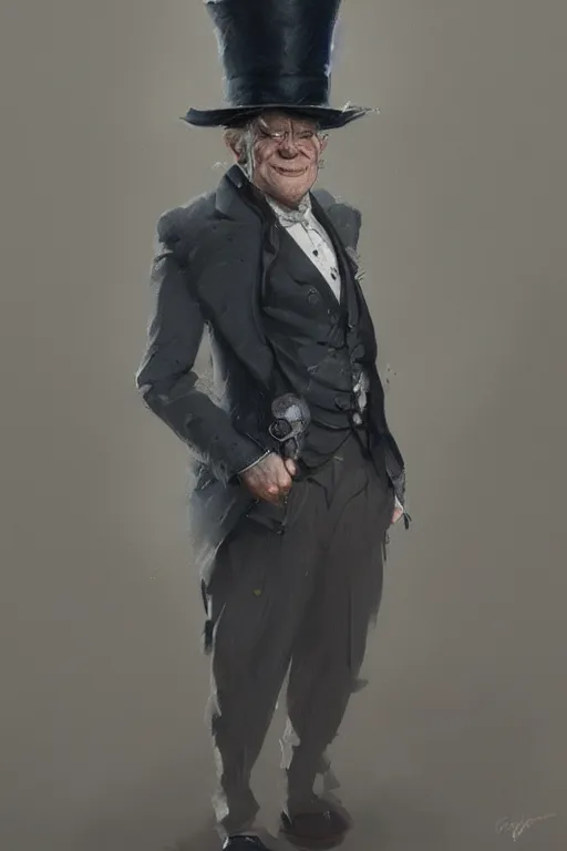 Image similar to a grey hair halfling with no beard top hat and suit by Greg Rutkowski, painting, portrait, high details, trending on artstation