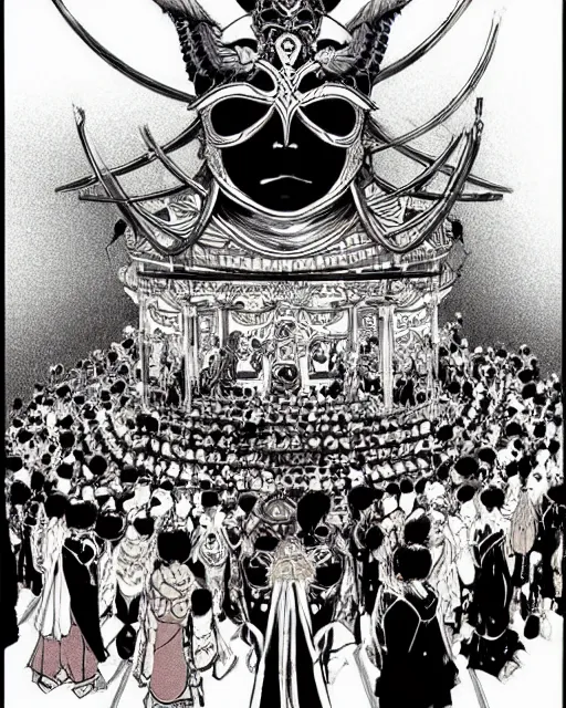 Image similar to The masked emperor giving a speech to a very large crowd of people. He has very ornate clothing and a mask || VERY VERY ANIME!!!, realistic shaded fine details. Anime. realistic shaded lighting poster by katsuhiro otomo, ghost-in-the-shell, ayami kojima