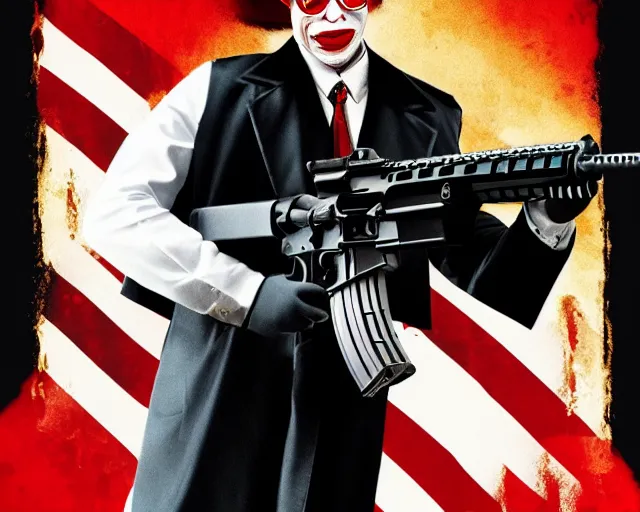 Image similar to ronald macdonald as scarface ronald macdonald holding ar - 1 5, promotional image, cinematic