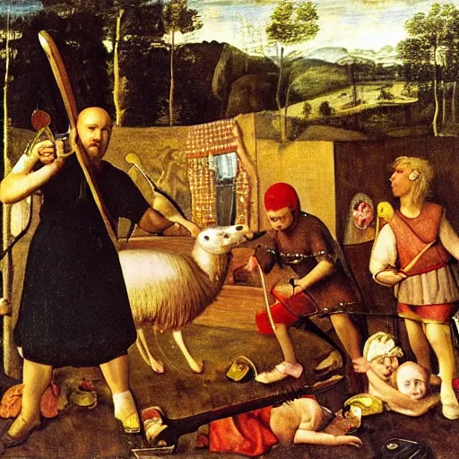 Image similar to ragnar lothrbok cutting off head of lamb at the pet n play zone in zoo with children crying around him while he laughs with beer and bloody axe in hand renaissance painting