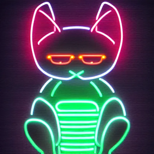 Prompt: a half robot cat wearing a hat, outlined by whirling illuminated neon lines, outrun, vaporware, shaded flat illustration, digital art, trending on artstation, highly detailed, fine detail, intricate