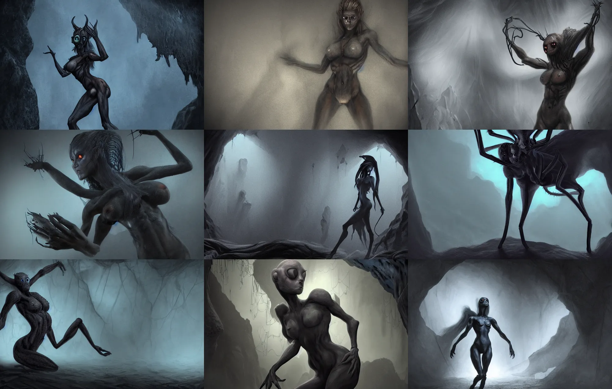Prompt: creepy matte painting of a female spider centaur in a dark cave, ultra detailed, monster, half human half spider, human torso!!, spider abdomen!!!, creature design, concept art, 8 k, moody lighting, muted colors, blue tone light, dramatic lighting, realistically proportioned body, realistically proportioned face, racnoss